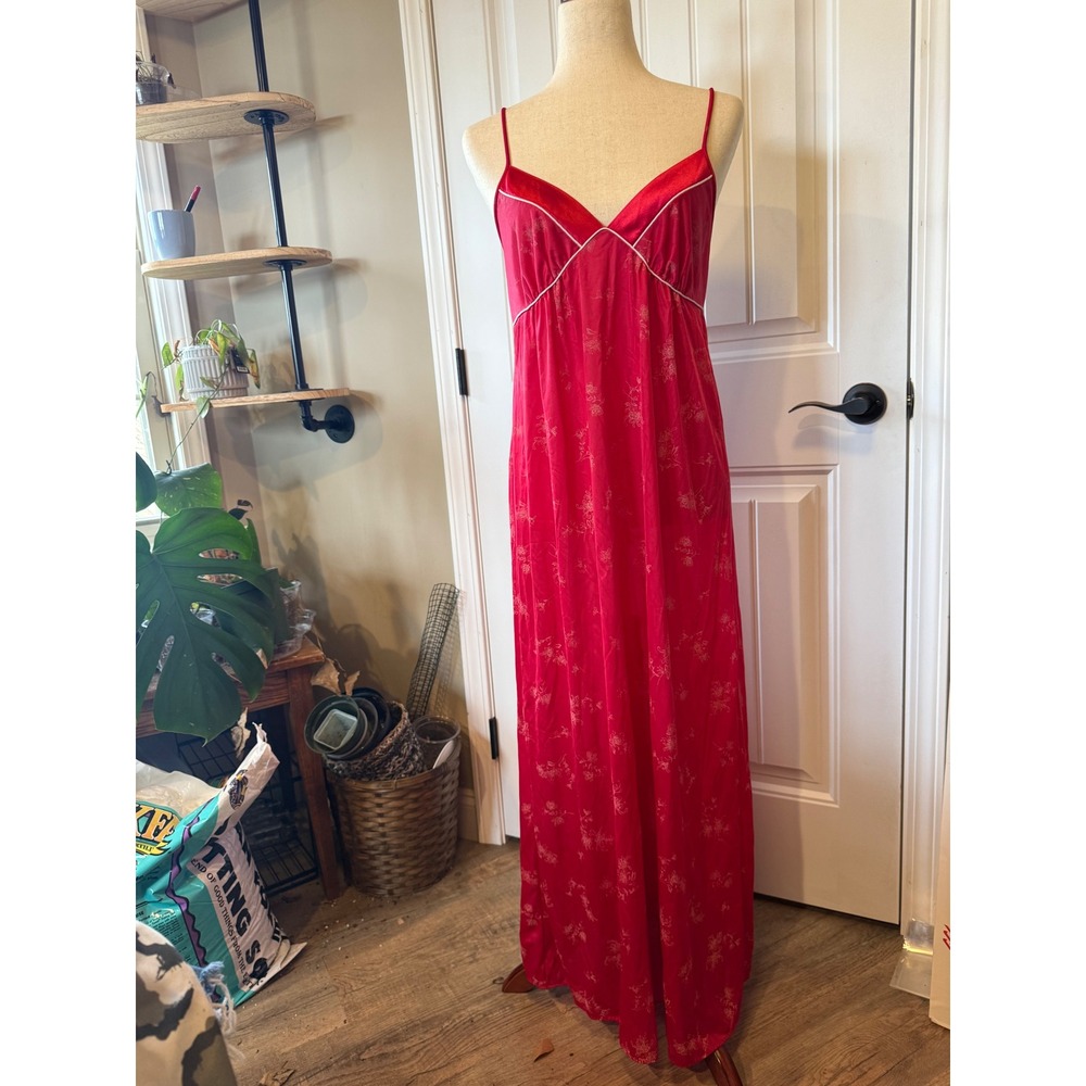 Barad & Co Red Floral Print Slip Nightgown Maxi Dress Spaghetti Strap Size Small